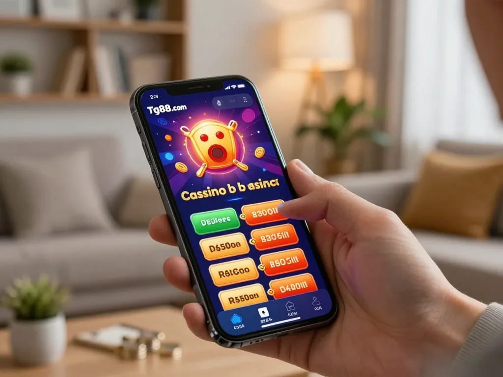 Person engaging with tg88.com mobile casino app, showcasing interactive gaming features in a cozy home environment.