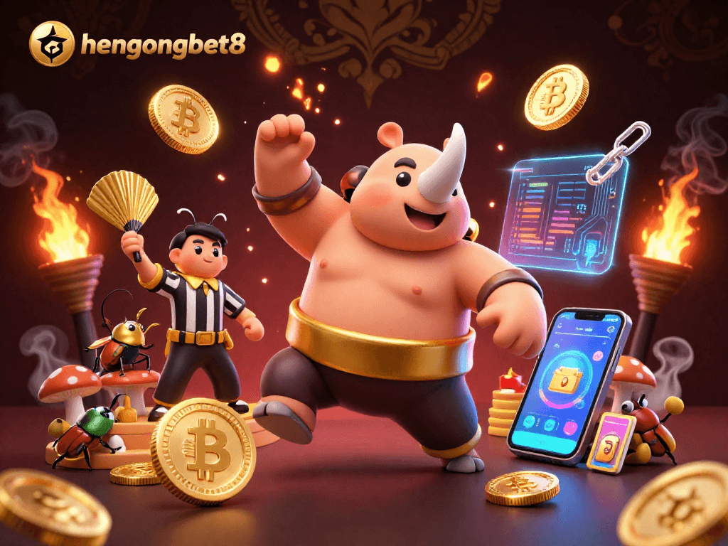 Experience the thrilling action of hengongbet8 with a cartoon sumo beetle championship scene filled with digital gambling elements.