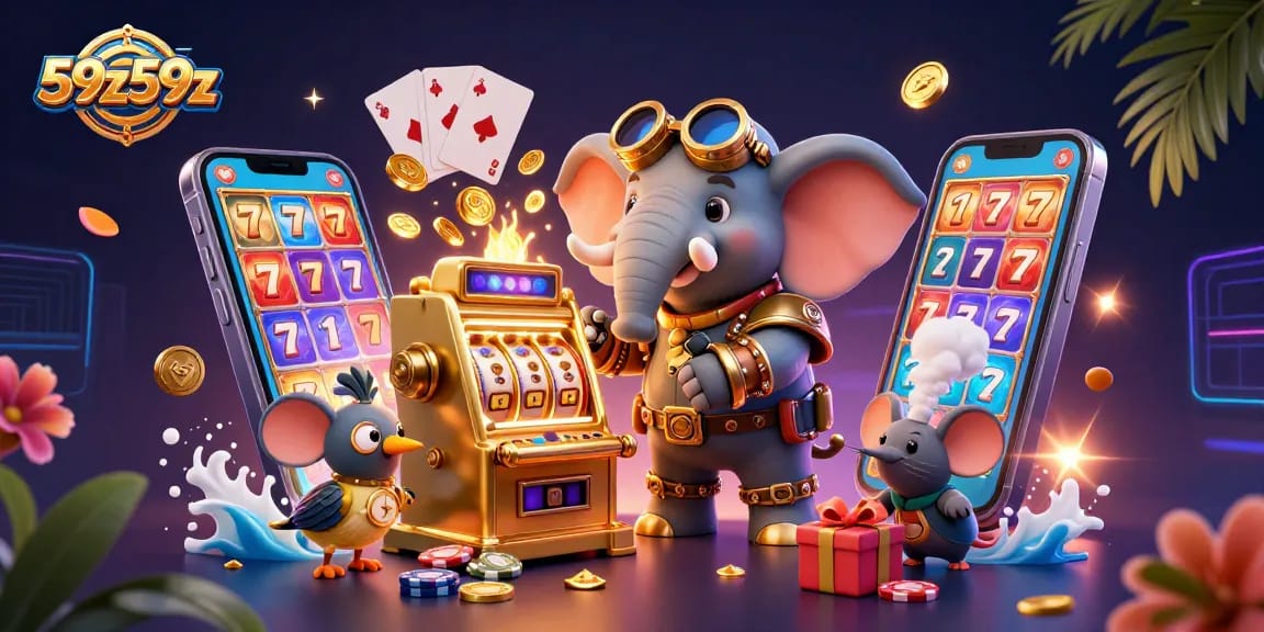 Experience the vibrant 59z59z casino world with playful steampunk characters in a dynamic slot game scene.