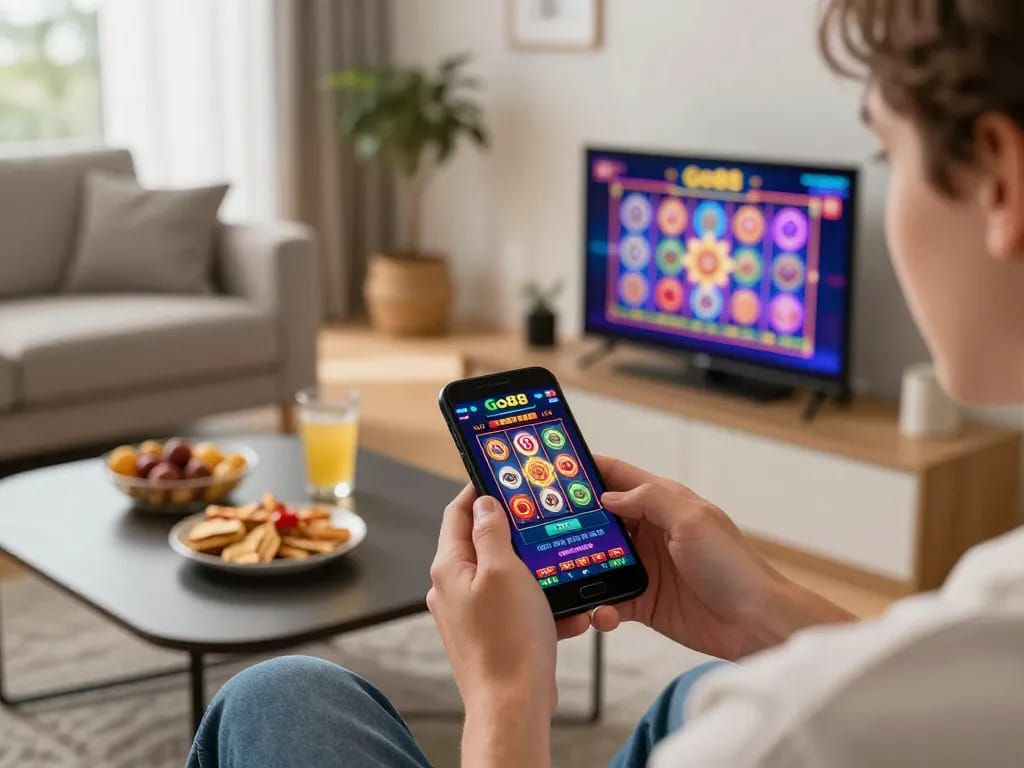 Player enjoying Go88 on smartphone, engaging with vibrant slot game at home, cozy atmosphere.