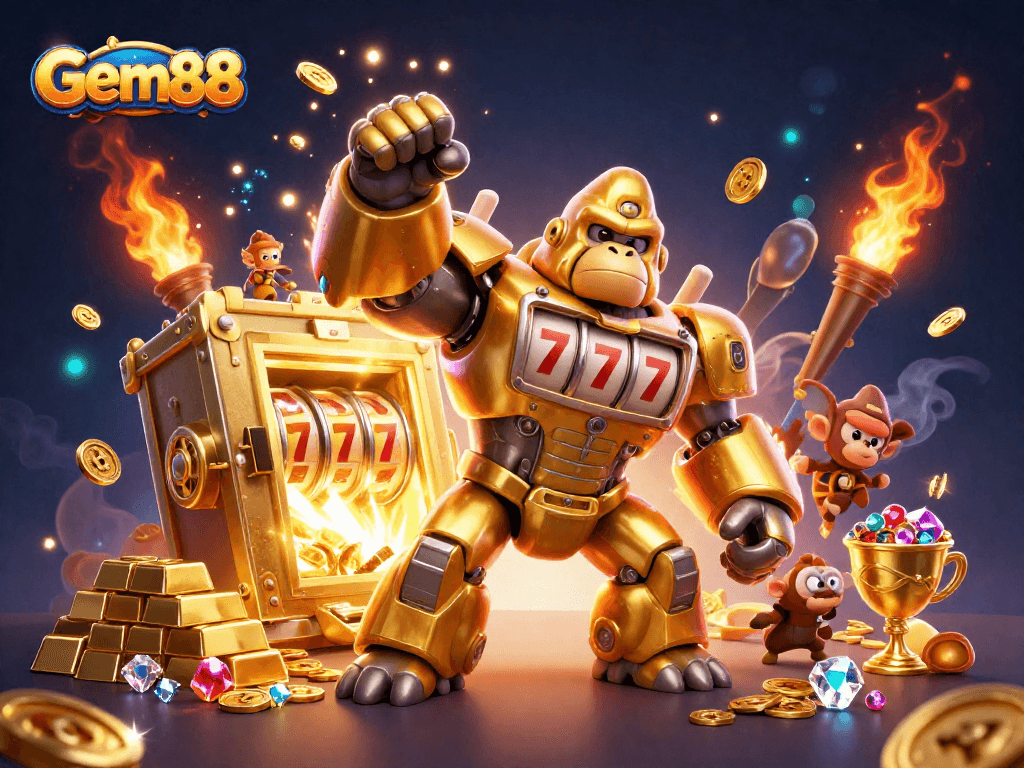 Experience the thrill of Gem88's high-energy casino scene with a golden gorilla mech and treasure.