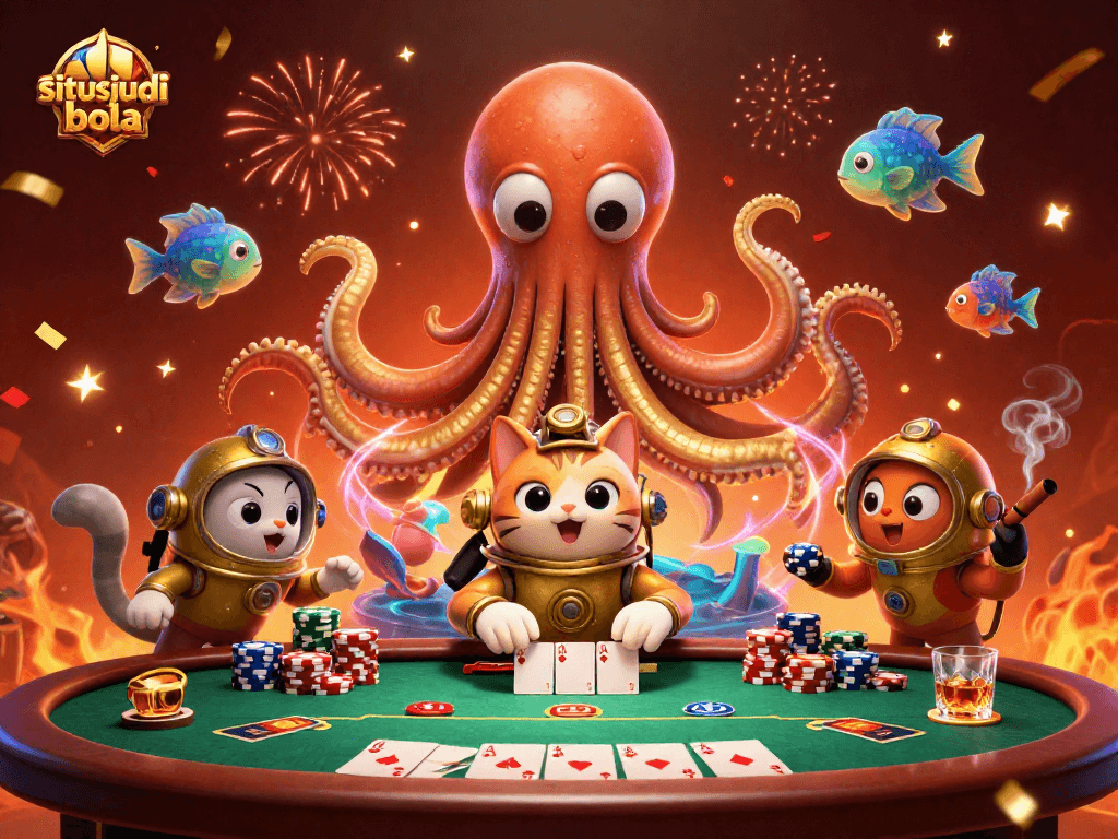 Engage in thrilling bets at situs judi bola with jackpot and poker action featuring a kraken and playful diver.