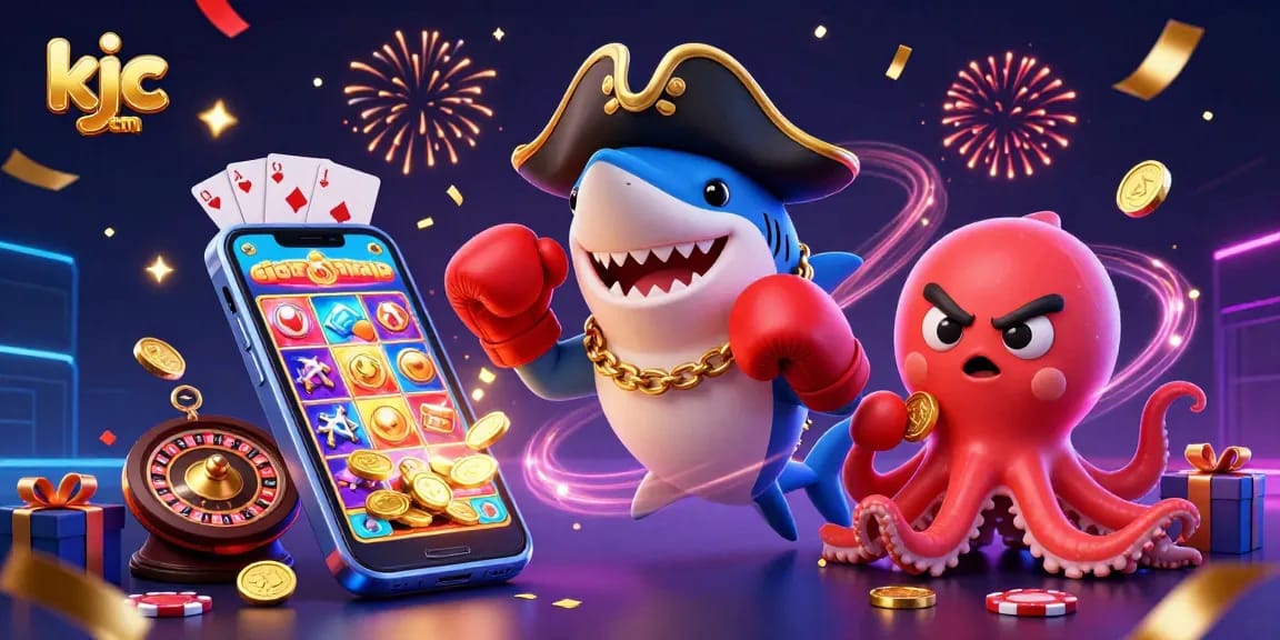Join the fun at kjc com as the pirate shark, pufferfish, and octopus dive into exciting gambling adventures!