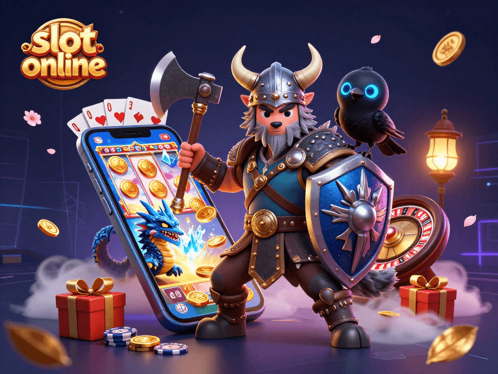 Menggenggam kemenangan di slot online sambil dikelilingi karakter epik: Viking wolf dan naga beku.
