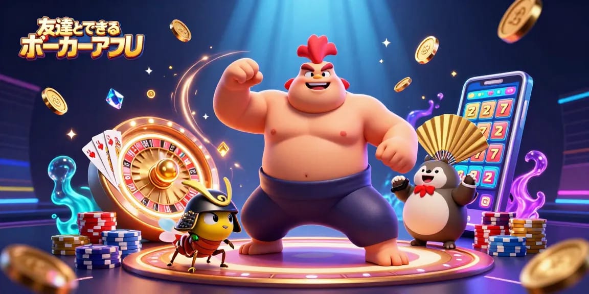 友達とできるポーカーアプリで楽しい夜を盛り上げるキャラクターたちのシーン