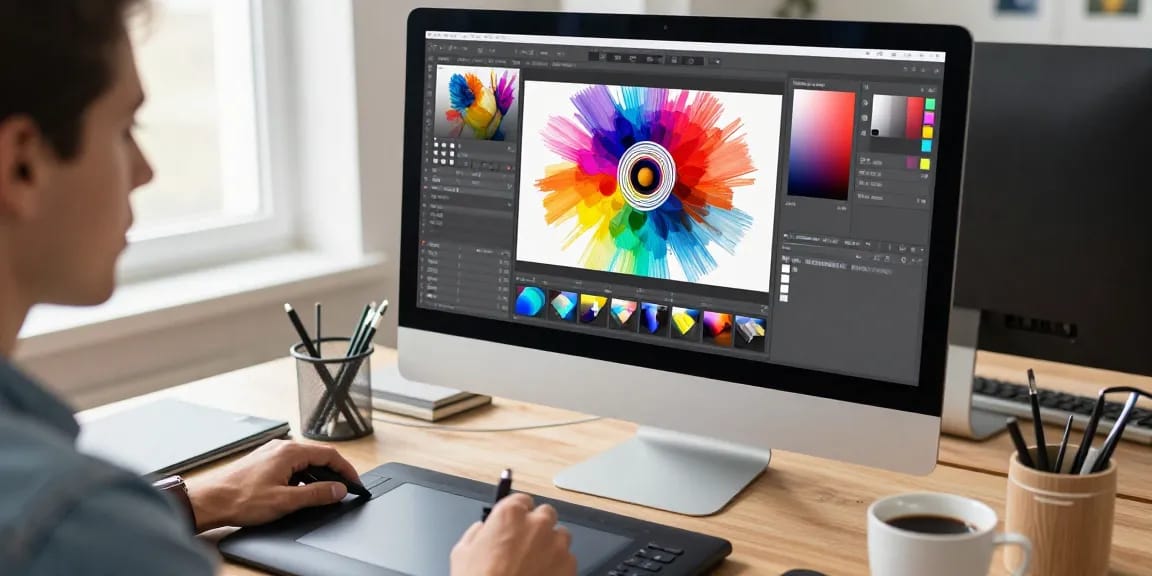 Designer using the paint-bucket tool to edit vibrant images in a creative workspace