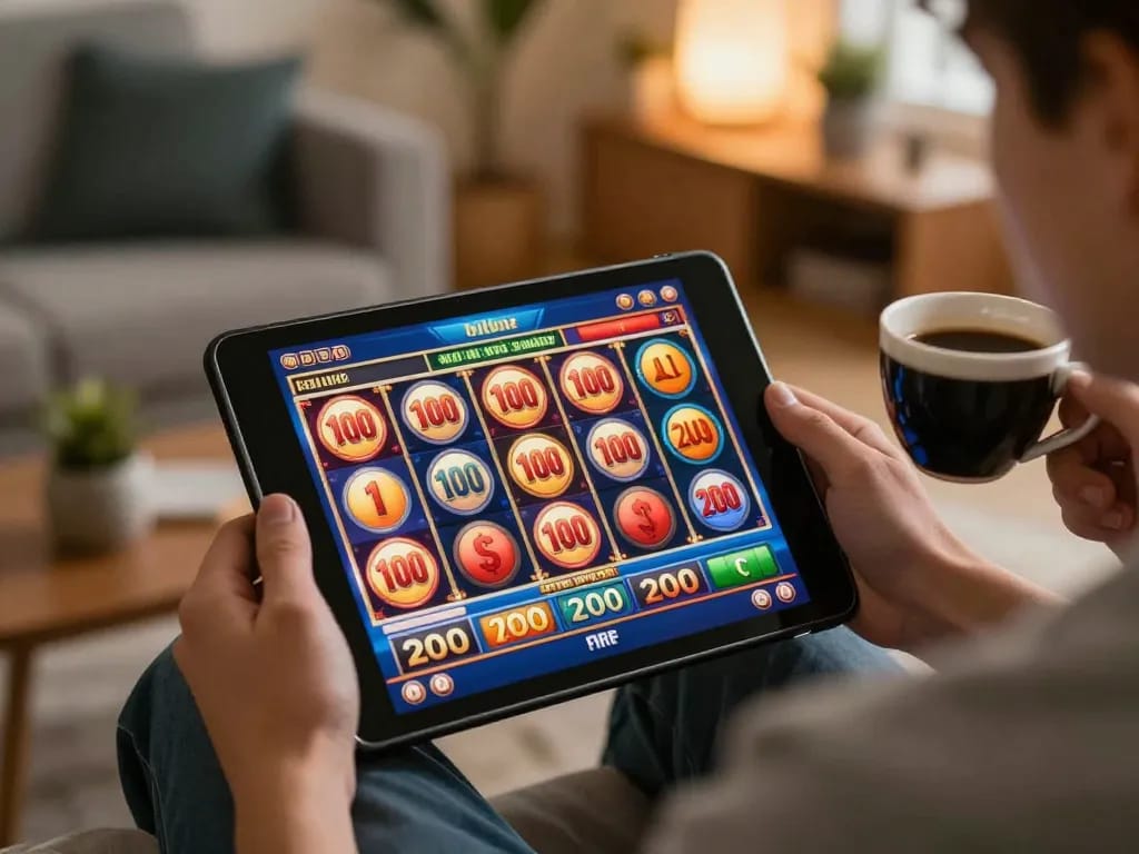 Engaging in slot bet kecil actions on a tablet, showcasing colorful online slots for low stakes gaming.