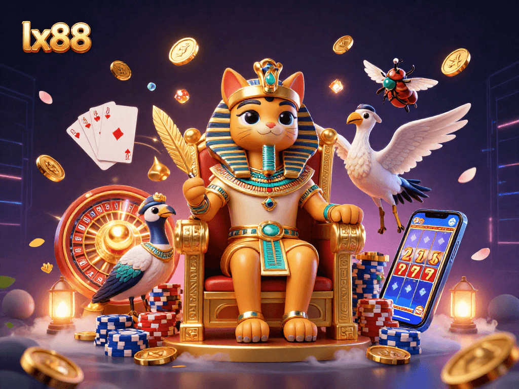 Experience the thrill of gameplay at lx88 with vibrant 3D elements and casino-themed characters in this exciting illustration.