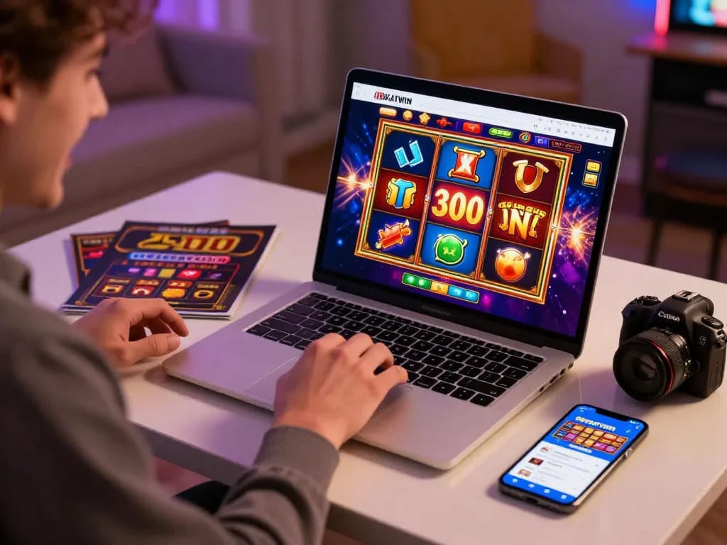 Player engaging in a slot bet 300 on vibrant online casino platform, showcasing excitement and digital gaming experience.
