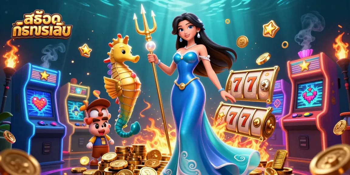 Play สล็อตทดลองเล่น with excitement in a vibrant underwater casino scene filled with treasures.