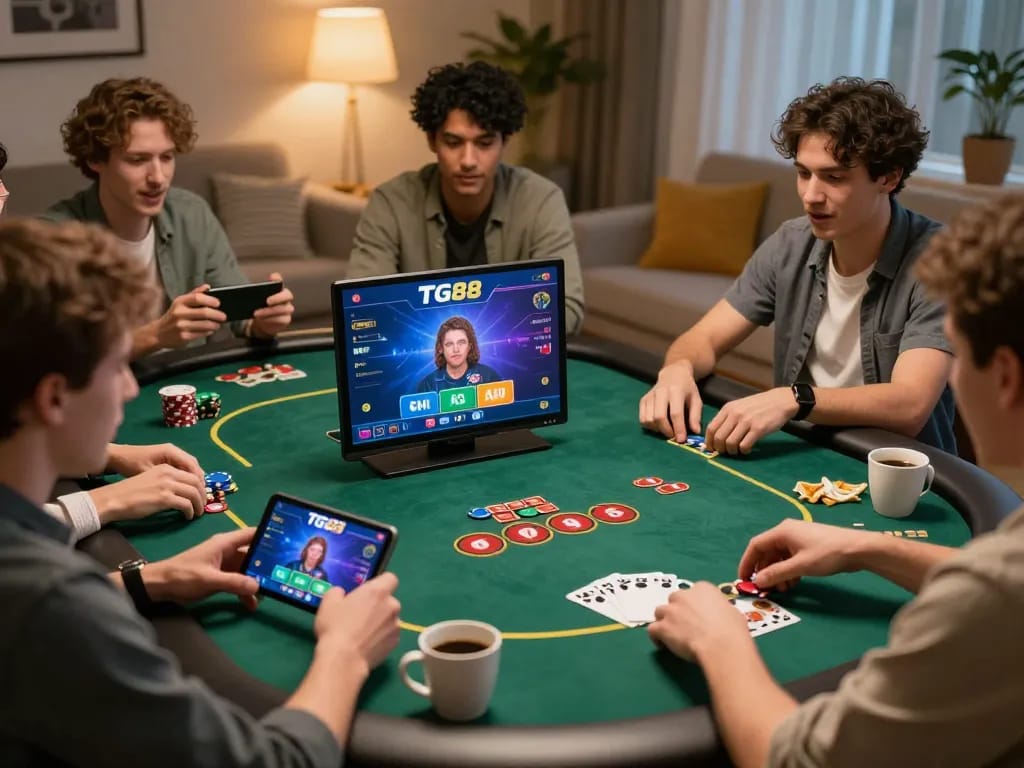 Players enjoying a lively session on the TG88 casino app at home, placing bets and strategizing.