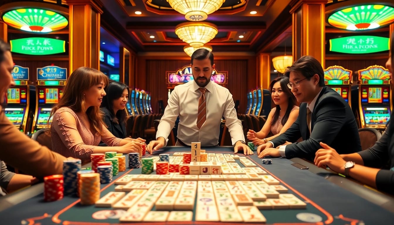 Mengajak pemain terlibat dalam aksi Link Mahjong di meja kasino yang meriah dengan ubin berwarna-warni dan suasana penuh semangat.