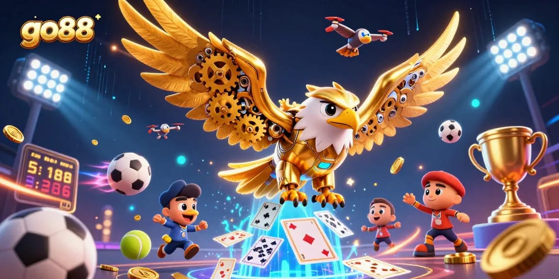 Experience thrilling gameplay with go88, featuring a dynamic scene of a cybernetic eagle soaring among holographic playing cards.