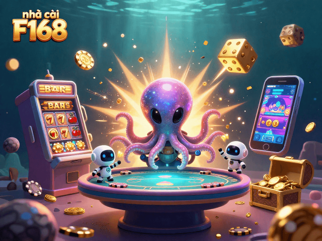 Experience the excitement of nhà cái F168 with a vibrant 3D casino scene featuring alien characters and dynamic games.