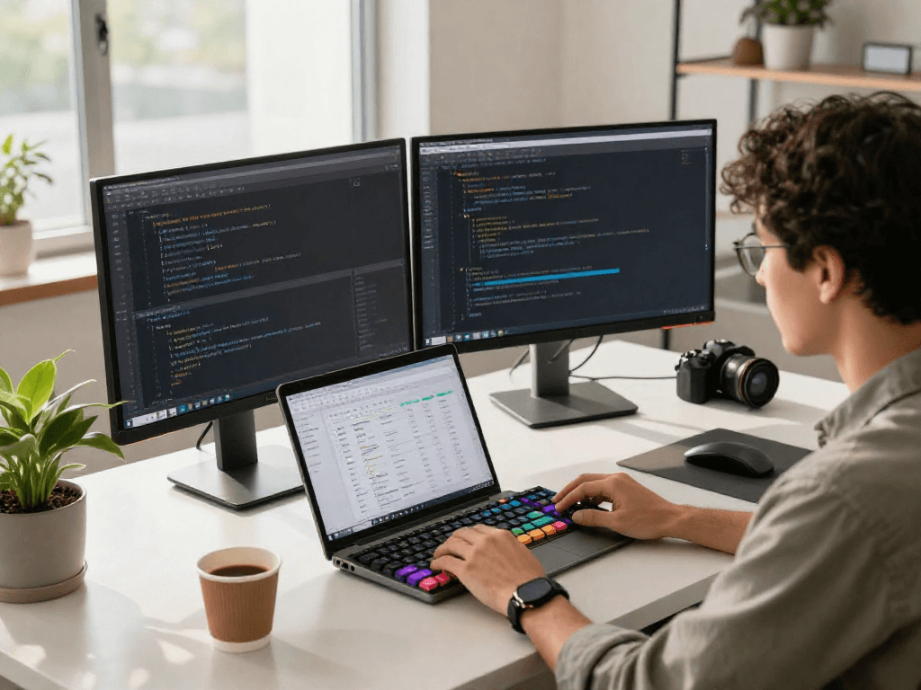 Developer utilizing an advanced ai detector in a bright modern workspace