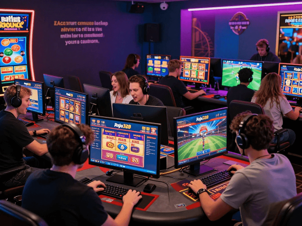Players engaging with raja328 online casino on various devices in a vibrant gaming environment.