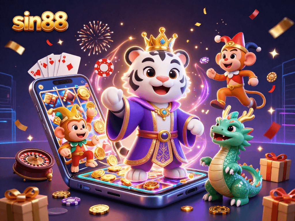 Experience luxurious gaming at sin88 with a vibrant 3D illustration of a royal tiger, playful monkey, and lively dragon.