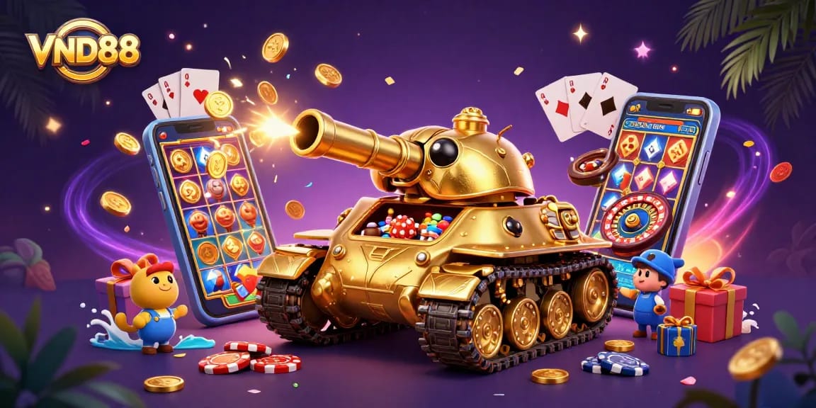 Experience the thrilling world of VND88 with a dynamic 3D casino illustration filled with games and excitement.