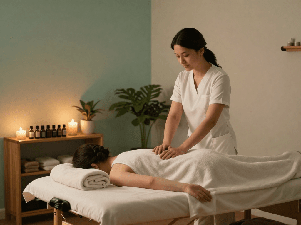 Relaxation and healing atmosphere for 부천출장안마 services in a serene wellness studio.