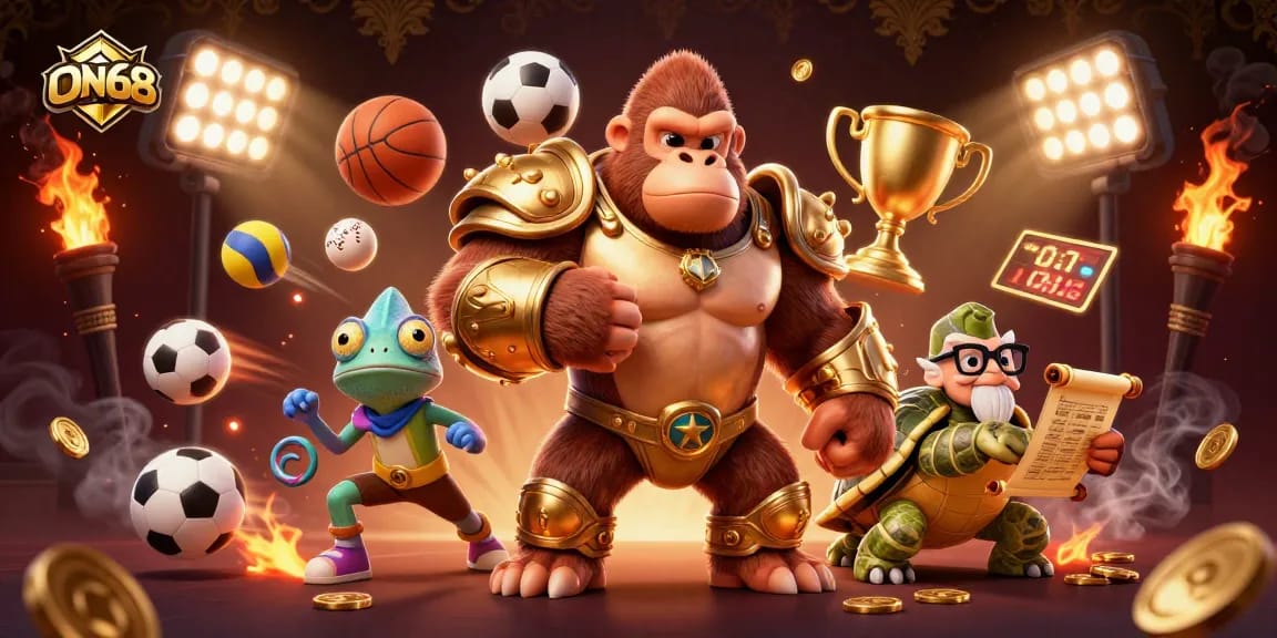 Experience thrilling action at ON68 with a dynamic 3D gorilla king and gambling elements.