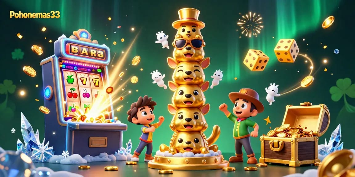 Pohonemas33 showcases a vibrant totem pole surrounded by dynamic casino elements and a jackpot explosion.