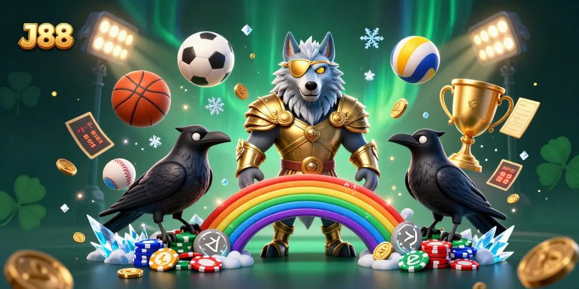 Engage with J88 gambling strategies through a vibrant Norse-themed illustration with dynamic game elements.