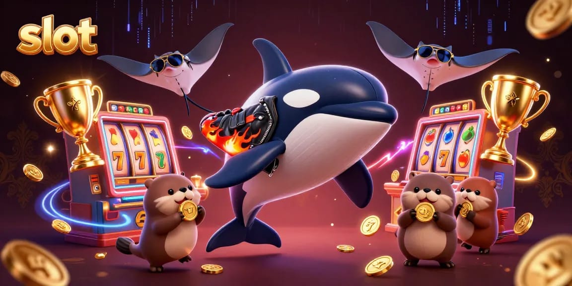 Engage in thrilling slot action featuring a cheerful orca, a stingray, and otters holding golden coins.