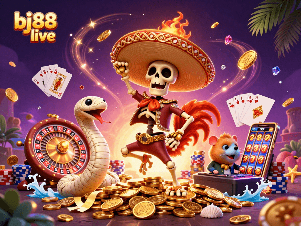 Experience thrilling gameplay with bj88 live, featuring vibrant casino characters and spinning roulette.