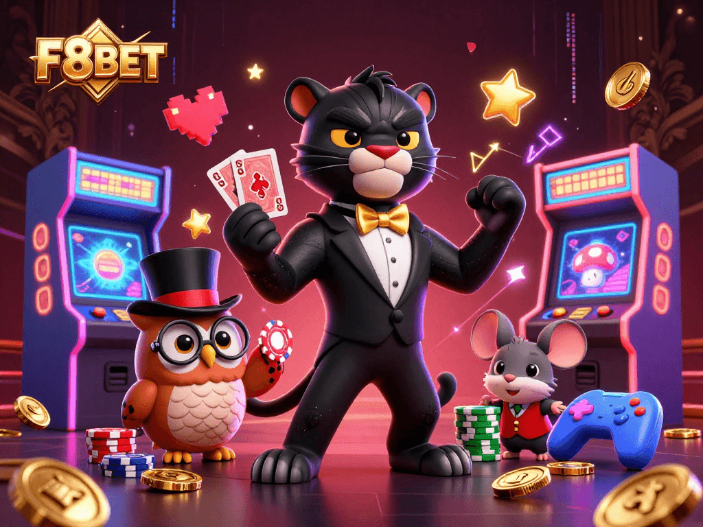 F8BET offers an exciting casino experience with a stylish panther dealer and vibrant arcade elements.