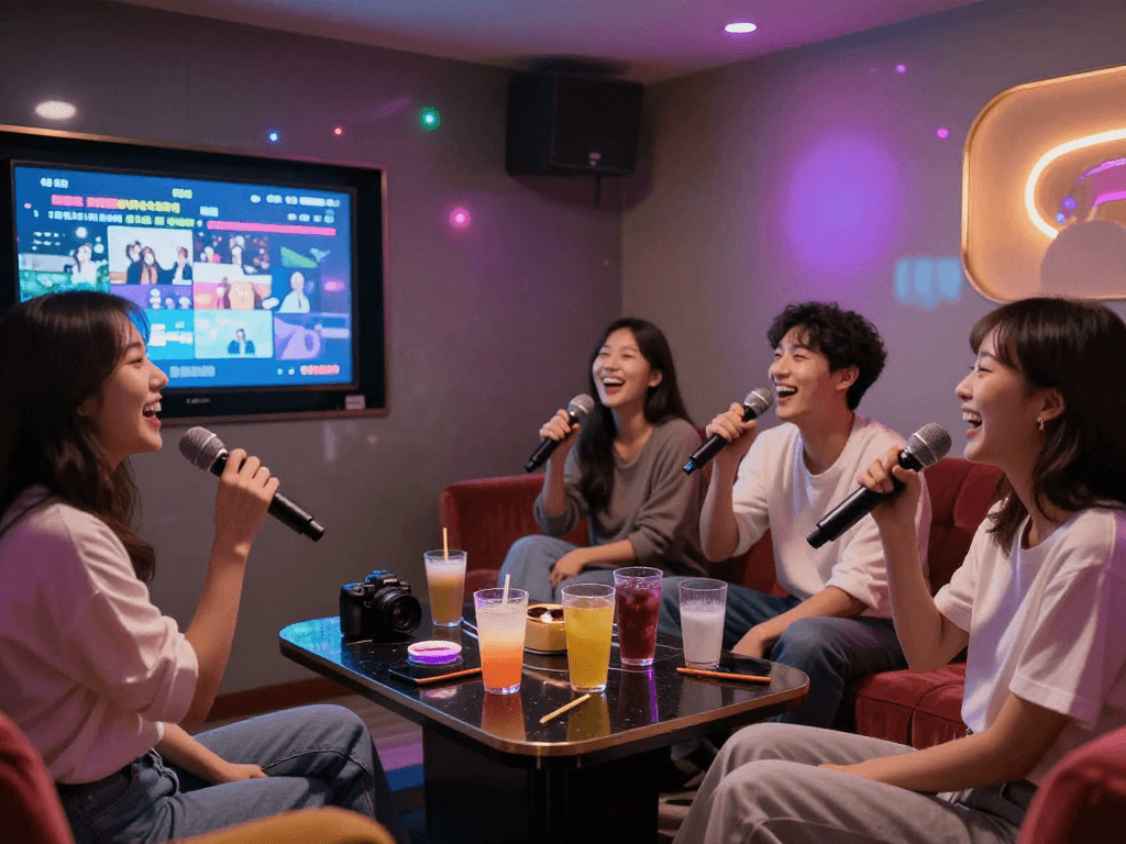 강남 유앤미에서 친구들과 함께 노래 부르는 모습, 아늑한 분위기의 프라이빗 룸에서 즐거운 시간 보내기
