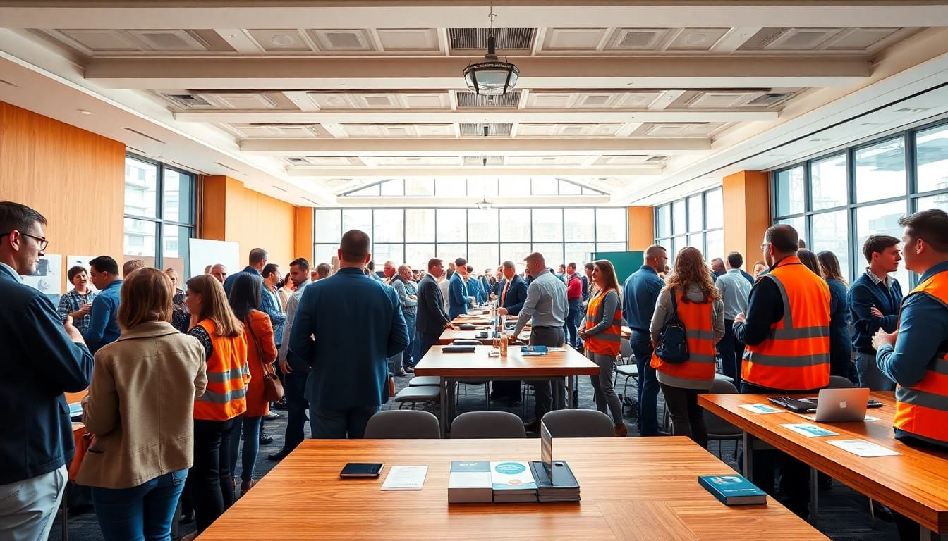 Engaging construction networking event with professionals collaborating and sharing insights.