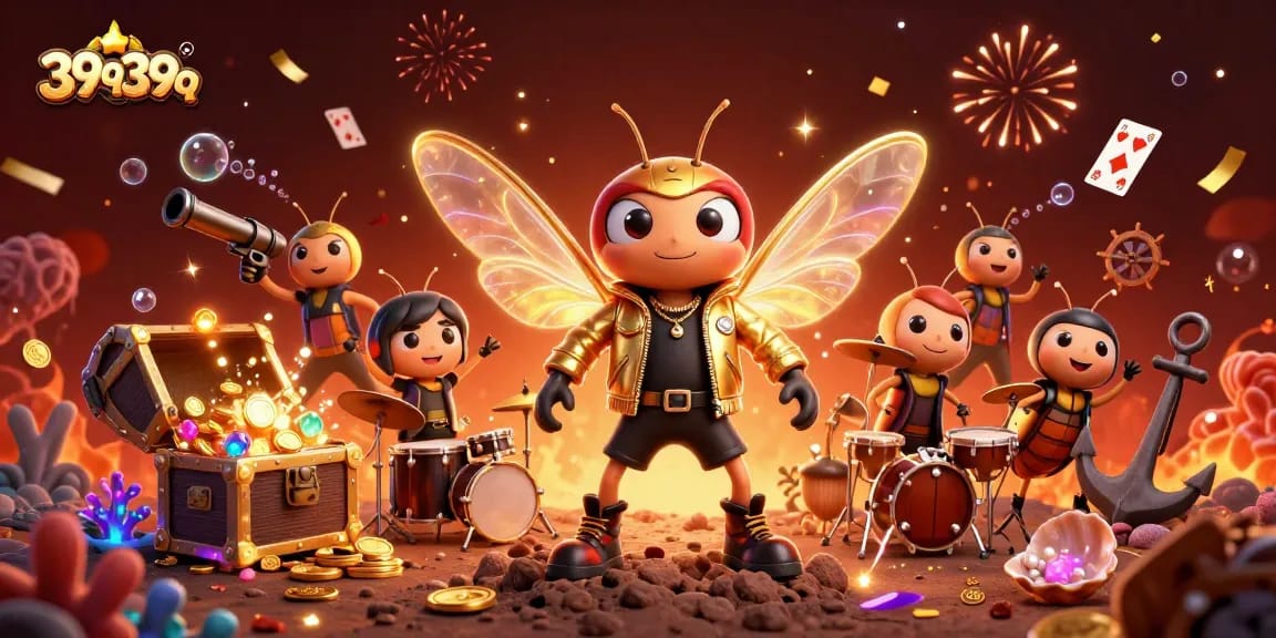 Engage with 39q39q through a vibrant casino-themed illustration featuring a rock star cicada.