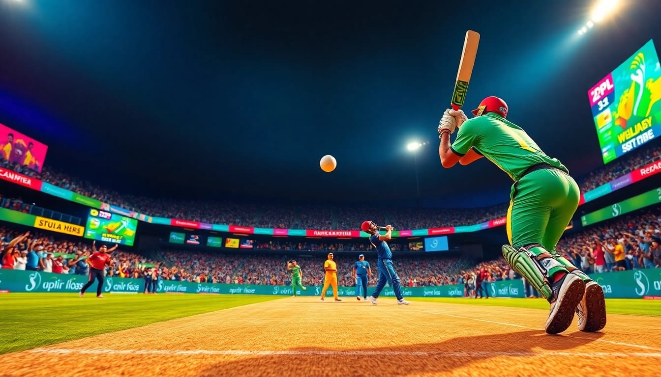 Crucial moments of online ipl prediction illustrated with players in action, vibrant fans cheering.