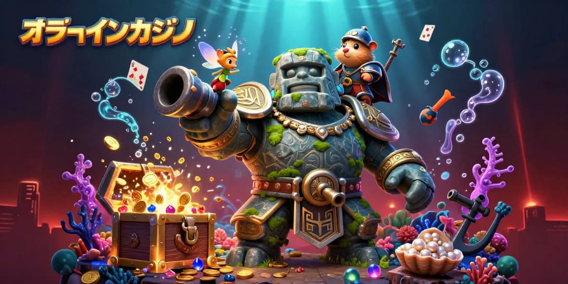 オンラインカジノの冒険を描いた幻想的なシーン、ゴーレムとフェアリー、ハムスター騎士が共演。