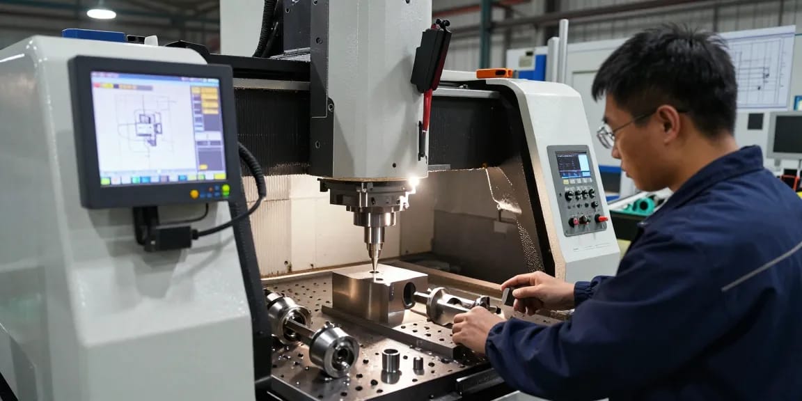 CNC Machining China - Skilled technician operating advanced CNC machine in a modern manufacturing facility.