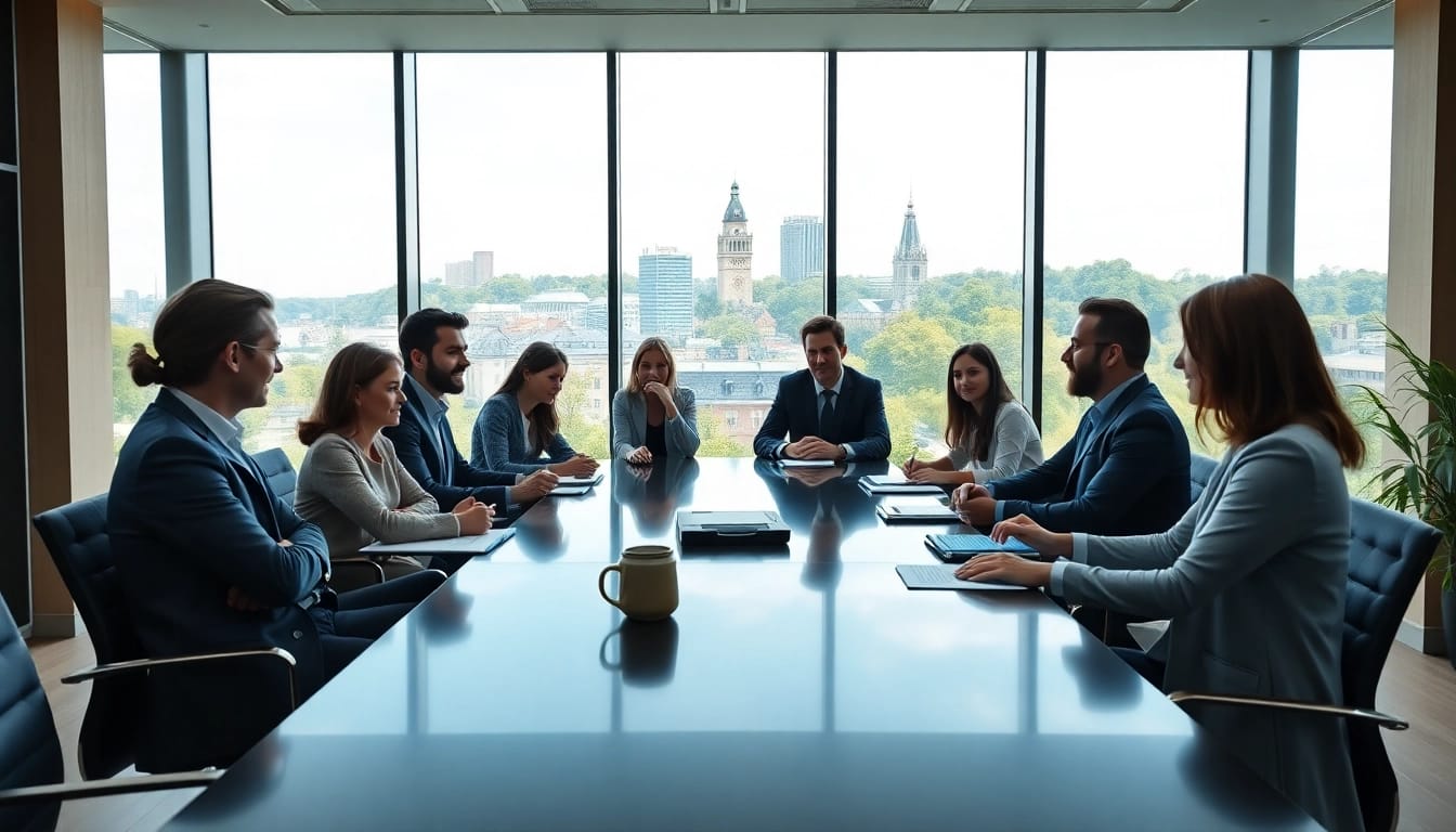 Engaged discussion around a family holding Luxembourg strategy in a modern office setting.
