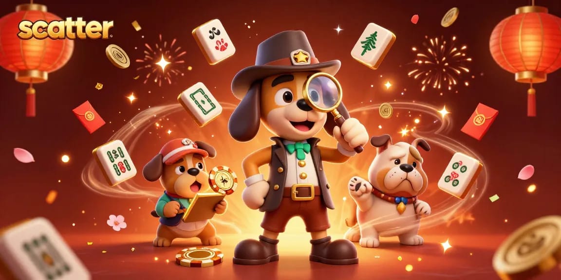 Engaging illustration of a detective and bulldog examining scatter clues in a vibrant casino atmosphere.