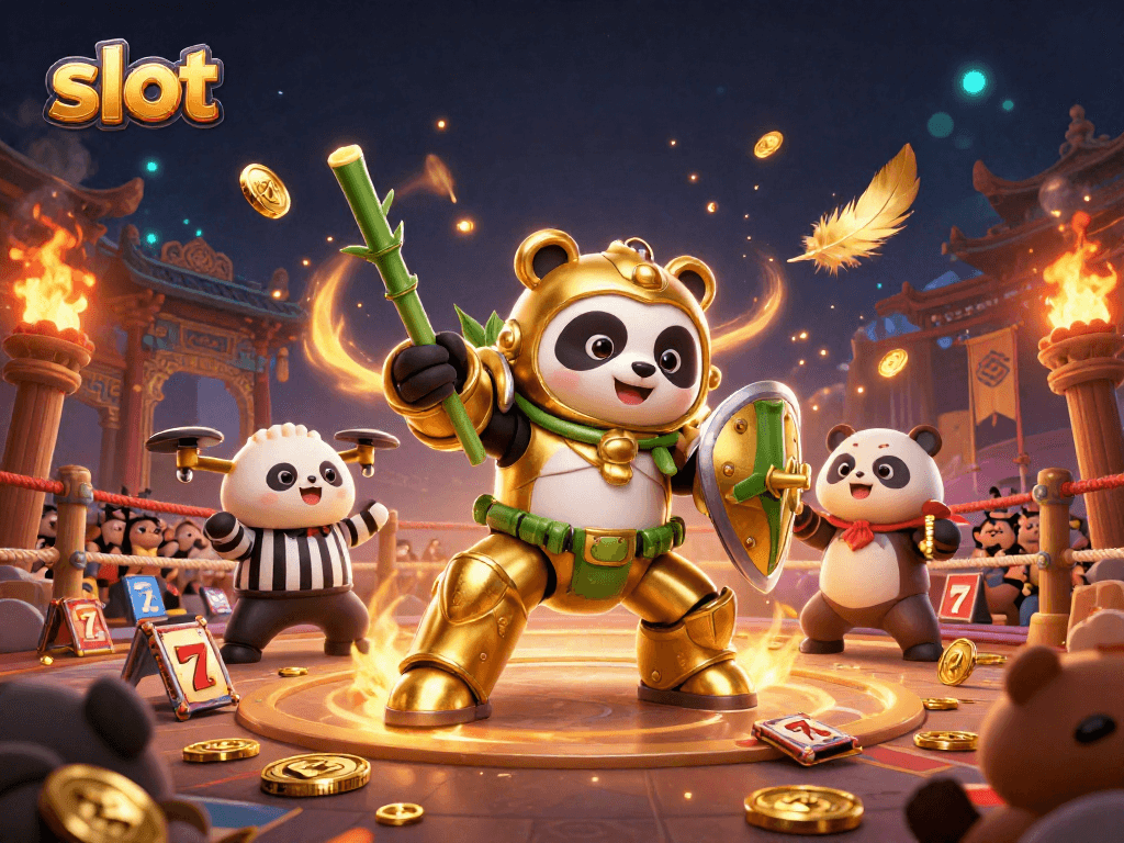 Slot game menarik dengan panda emas dan robot bertarung, dikelilingi penonton hewan.