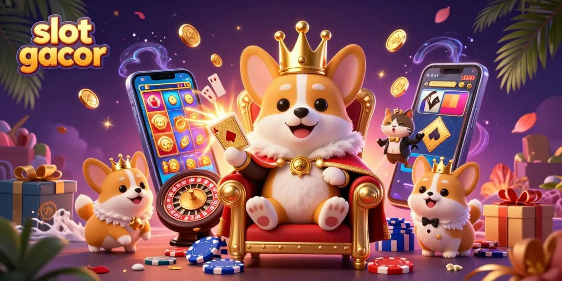 Slot gacor dengan corgi kerajaan dan kucing pelayan dalam ilustrasi kasino 3D yang dinamis.
