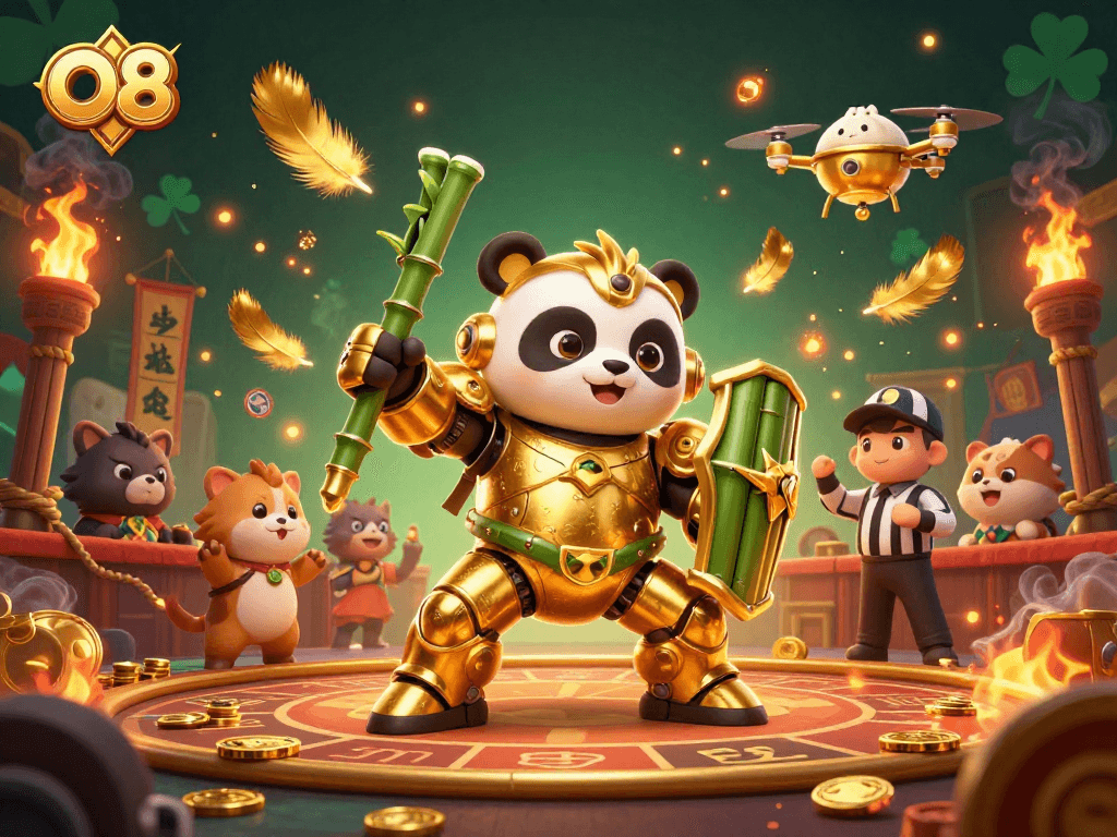 Engage in thrilling gameplay at O8 with golden panda in mech-suit amidst a casino atmosphere.