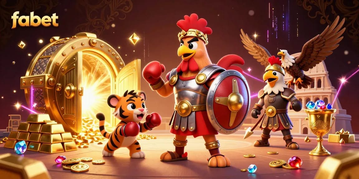 Engage with fabet's exciting gaming adventures featuring a dynamic gladiator rooster and his sparring partner in a lavish casino environment.