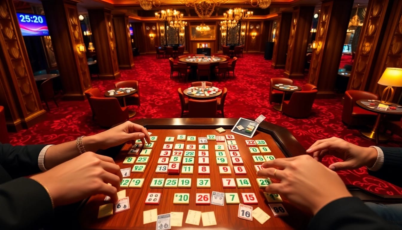 Engage in רמיקוב אונליין gameplay with colorful tiles and strategic moves at an elegant casino table.