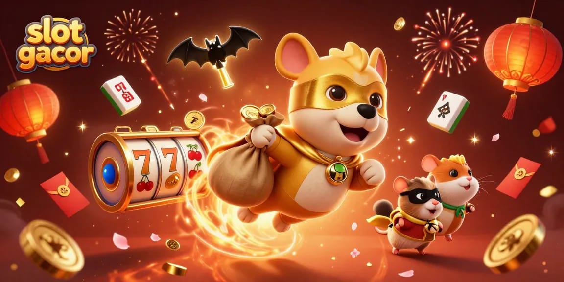 Slot gacor adalah simbol keberuntungan dalam ilustrasi dengan anjing superhero dan koin emas.