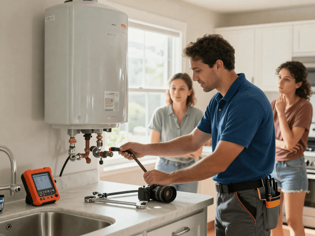 Expert plumber Fort Worth inspecting a water heater in a modern kitchen, showcasing residential plumbing services.