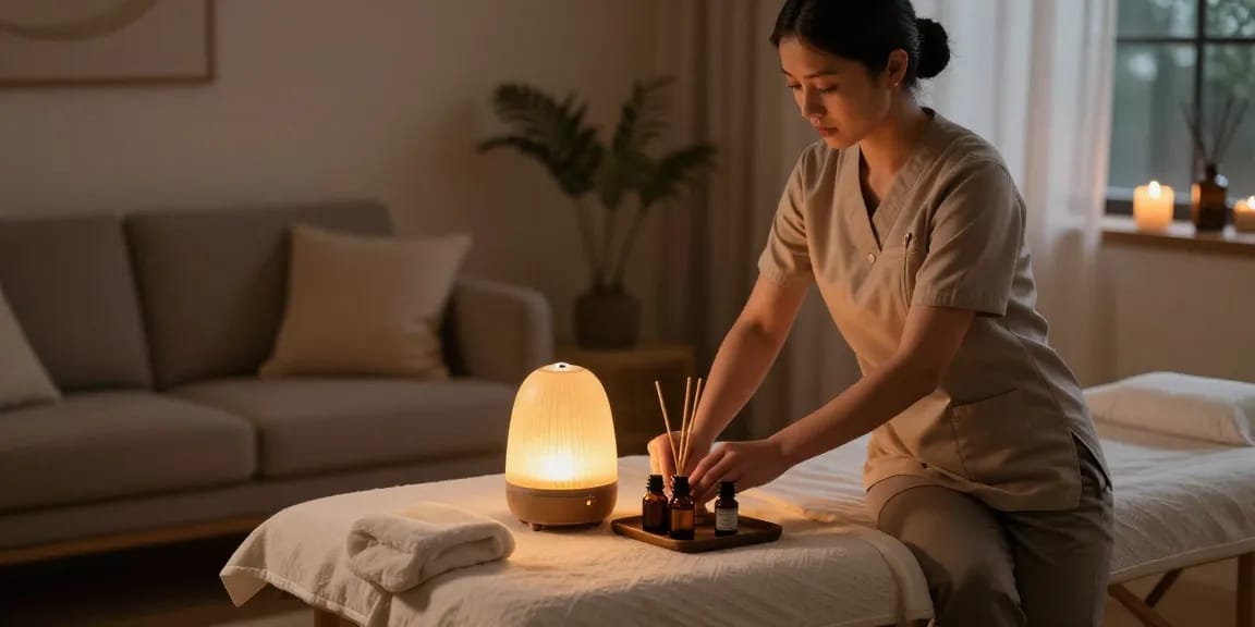 Comfortable home environment for 안양출장안마 massage therapy session with professional therapist preparing oils.