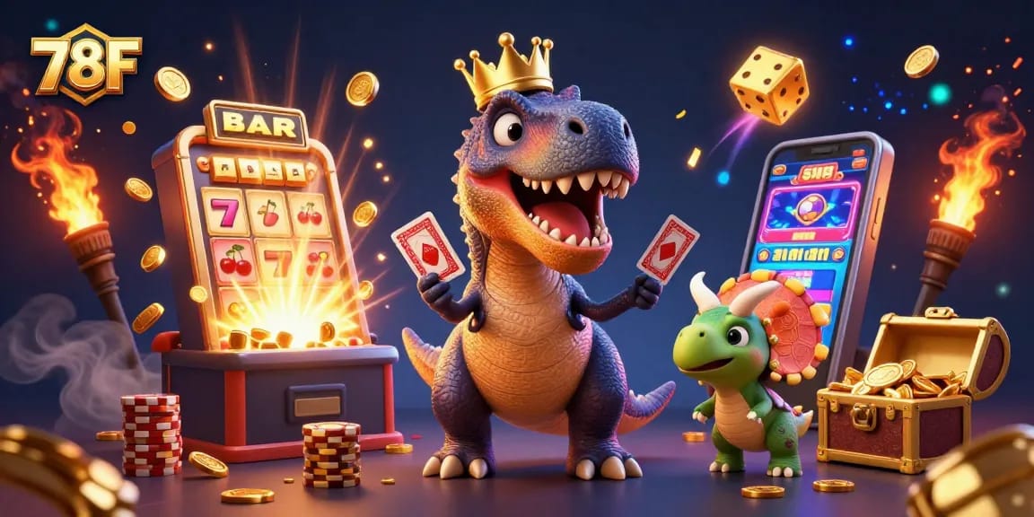 Ilustração 3D do T-Rex jogando cartas ao lado do 78F com caça-níqueis e fichas douradas.