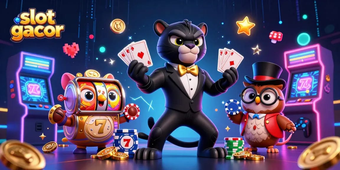 Engage with slot gacor strategies featuring a stylish black panther dealer and colorful casino elements.