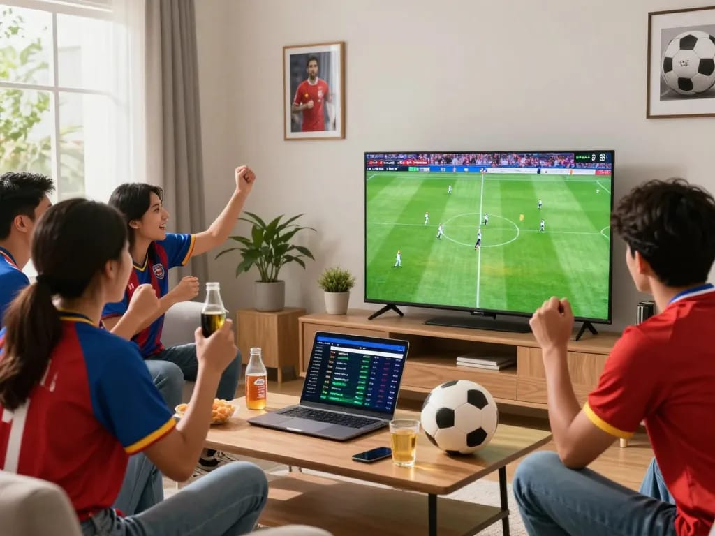Cà khịa tv stream football matches in an exciting living room filled with friends and snacks.