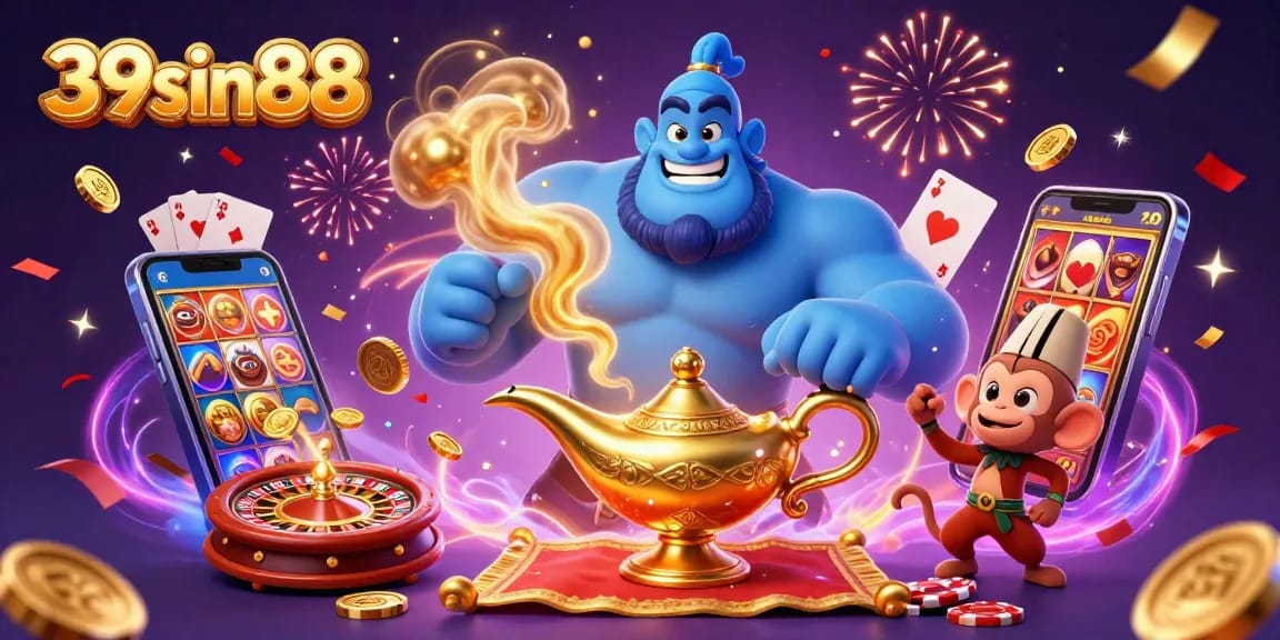 Experience the thrill of gaming with 39sin88 in this vibrant casino-themed illustration featuring a genie, monkey, and poker chips.