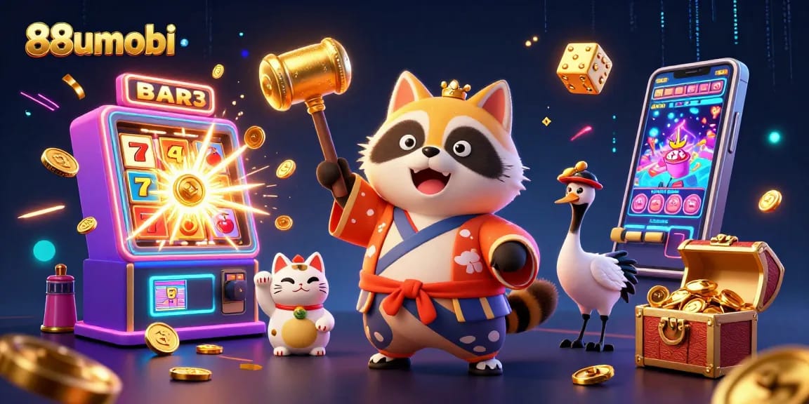 Experience winning thrills with 88uumobi's vibrant online casino gaming in a lively illustration.